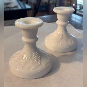 Grape and Leaves Milk Glass Candlestick Holders